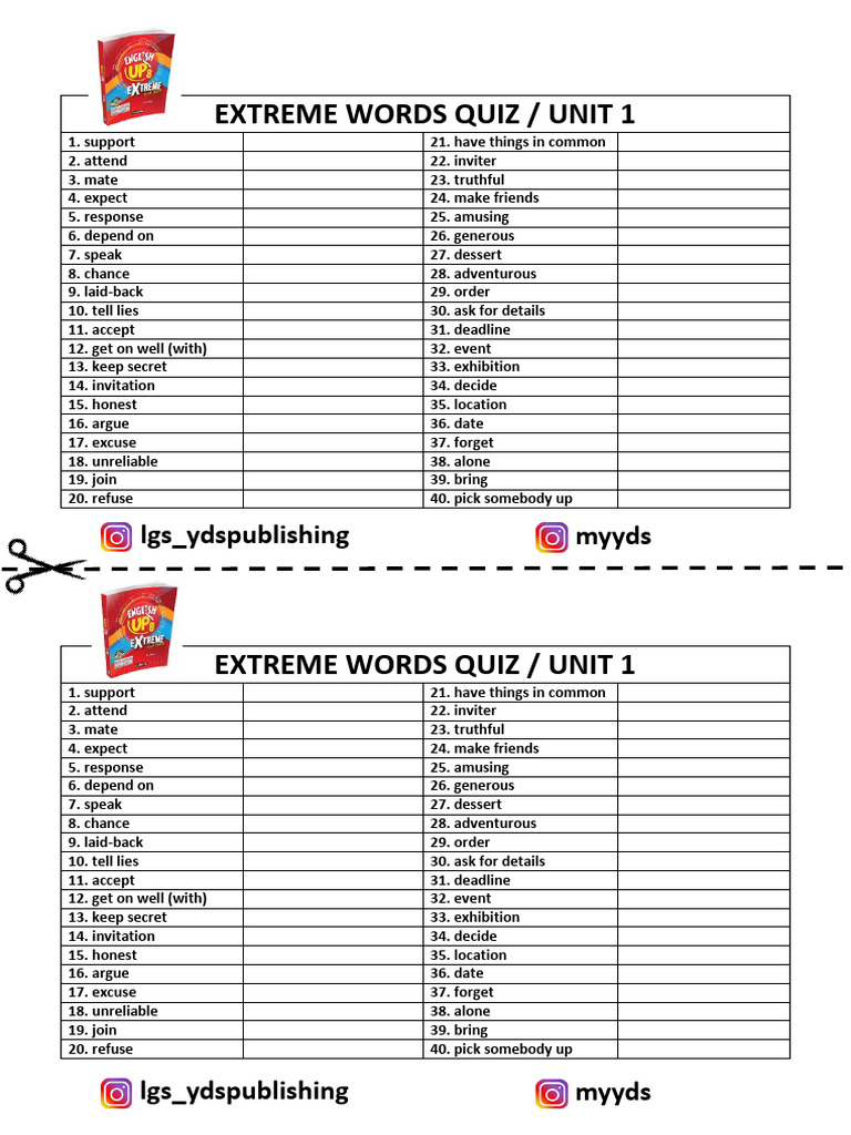 EXTREME-WORDS-QUIZ-8.-SINIF-1.-UNITE | PDF