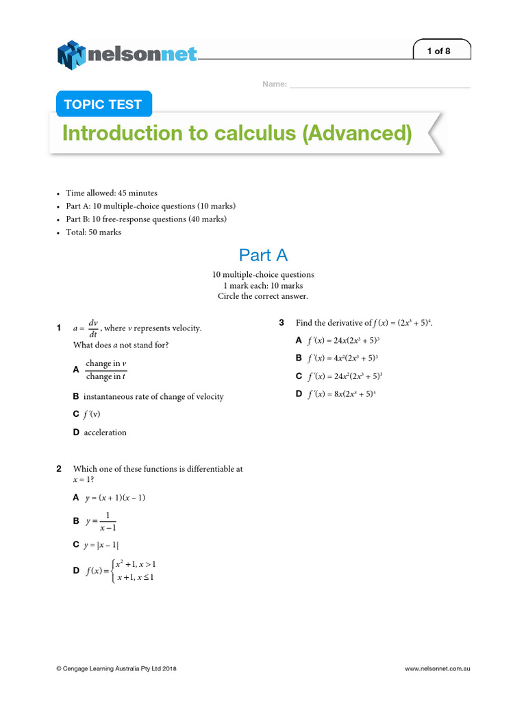 Year 11 Calculus Topic Test | PDF | Derivative | Tangent
