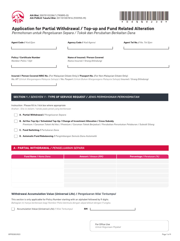 AIA Application For Partial Withdrawal Top Up and Fund Related ...