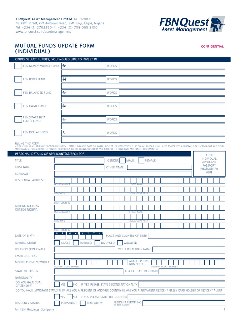 FBNQuest Mutual Funds Update Form | PDF | Banks | Securities (Finance)