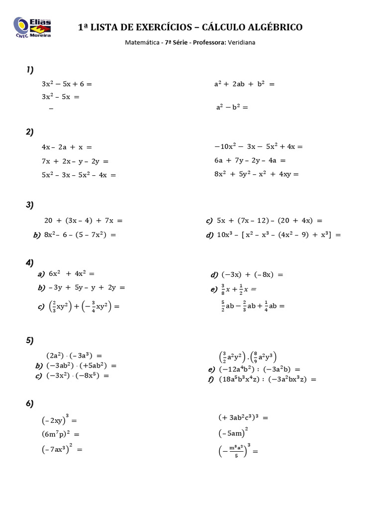 Exercícios de Polinômios - 7ª Série | PDF | Matemática | Álgebra