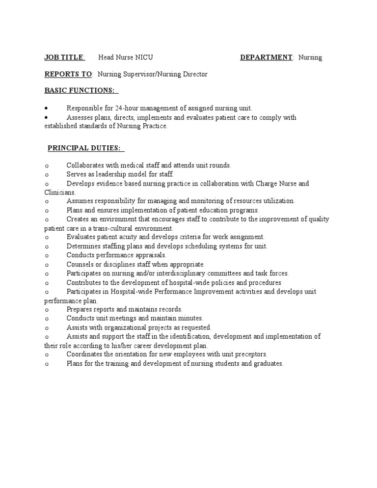 Job Description-Head Nurse Nicu | PDF