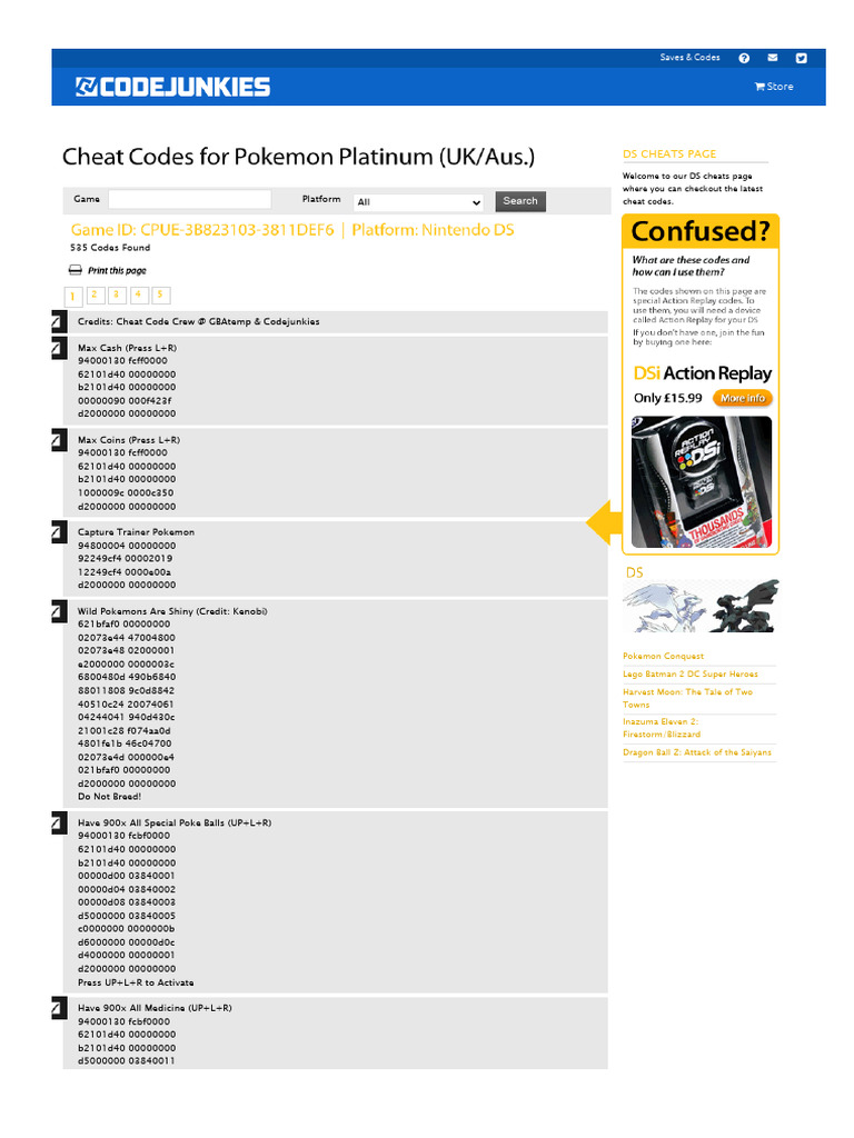Pokémon Platinum Cheat Codes Guide | PDF | Pokémon