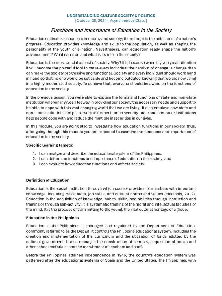 Functions and Importance of Education in The Society | PDF | Self ...