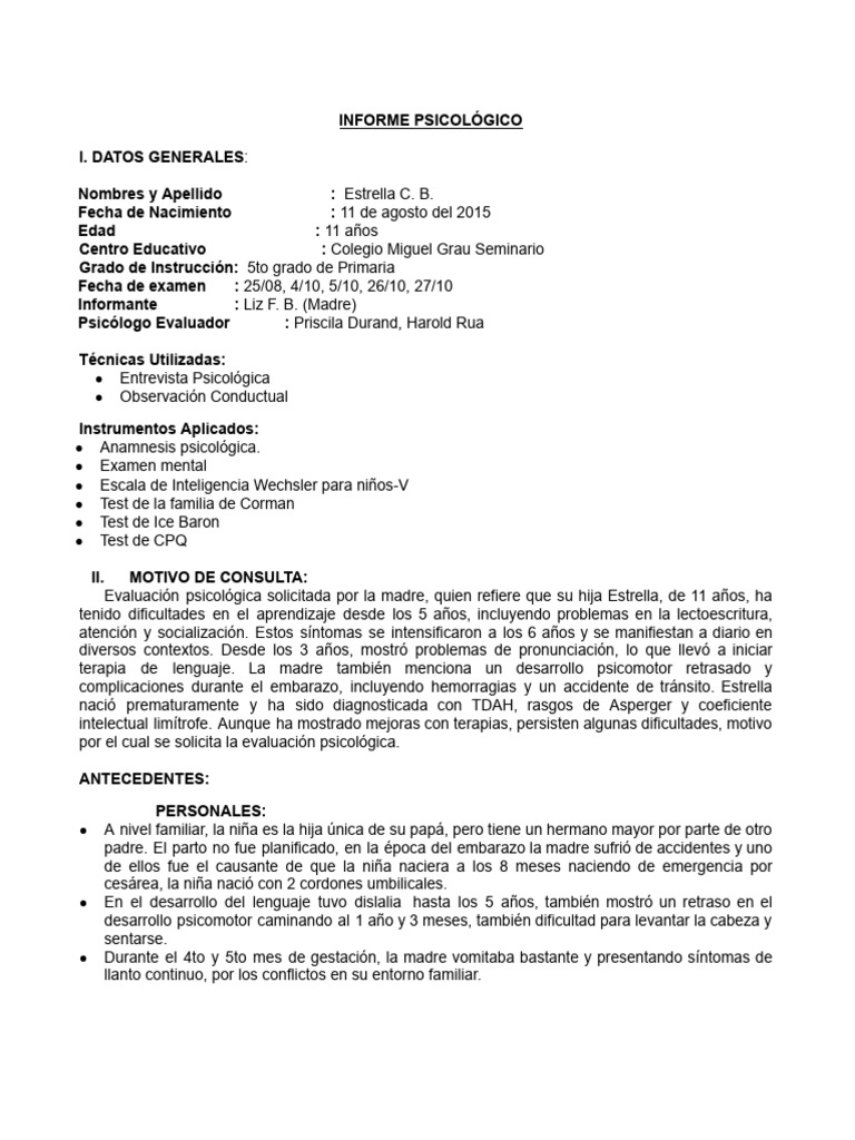 Informe Psicológico de Estrella C. B. | PDF | Las emociones | Desorden ...