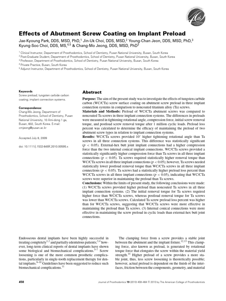 Effects of Abutment Screw Coating On Implant Preload | PDF | Dental ...