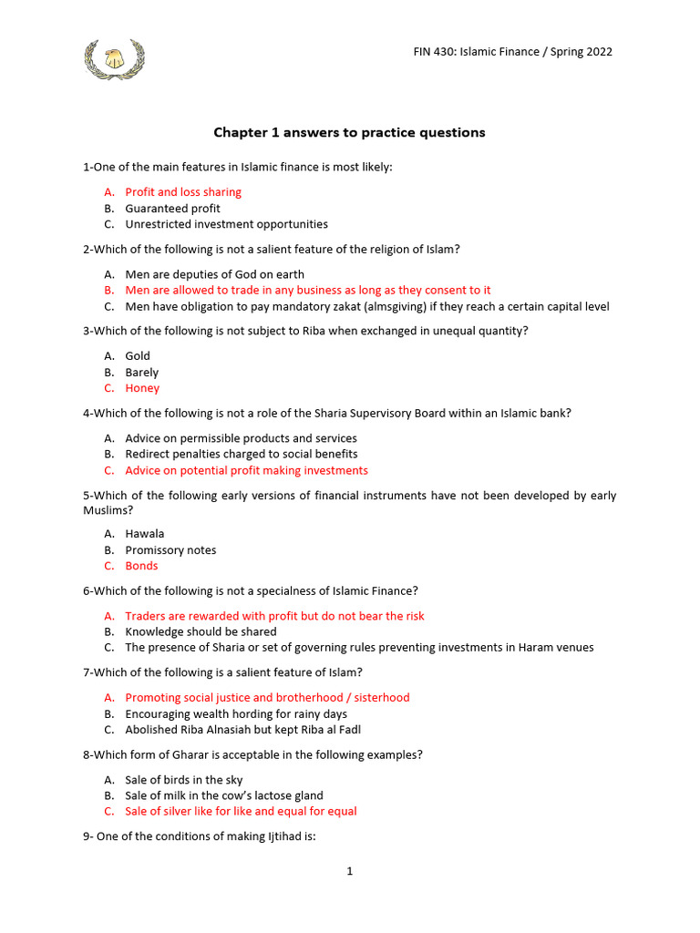 Islamic Finance Practice Questions | PDF | Islamic Banking And Finance ...