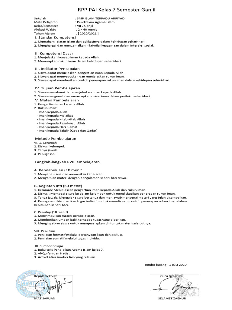 RPP PAI Kelas 7 Semester Ganjil | PDF