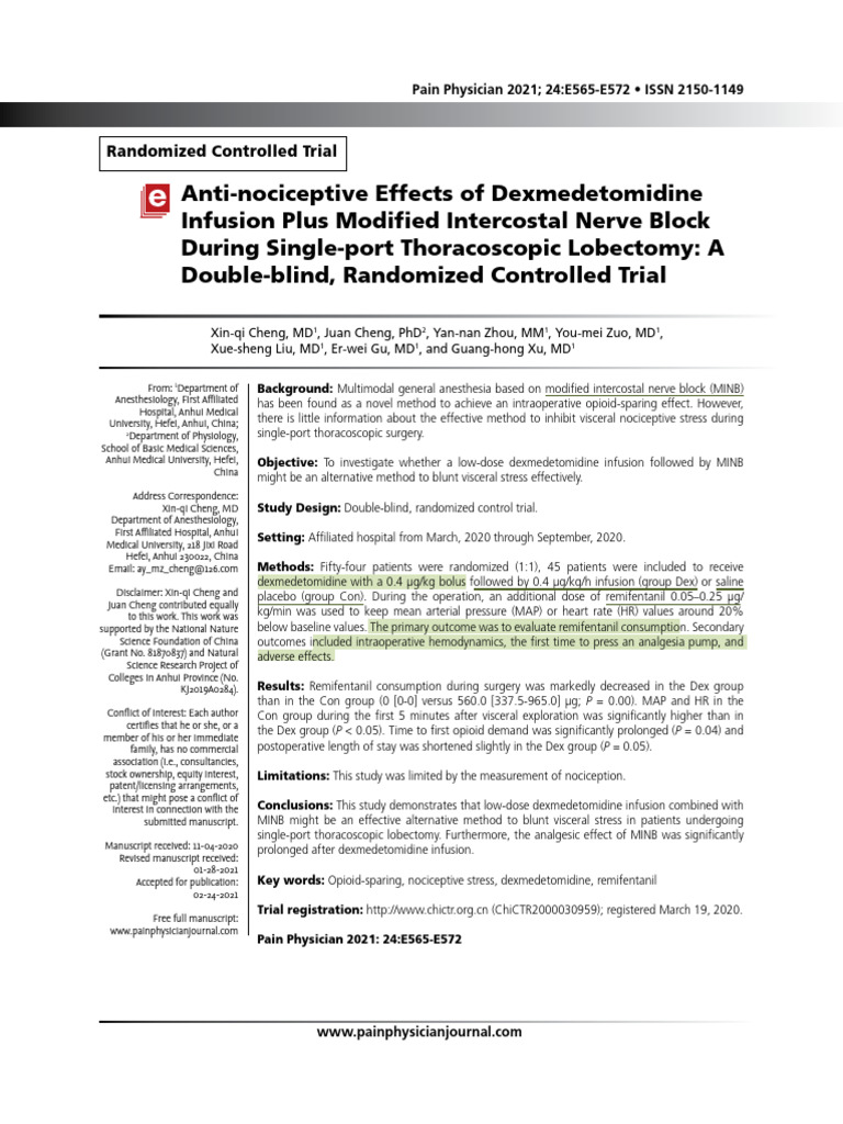 Dexmedetomidine and MINB in Thoracoscopic Surgery | PDF | Medical ...