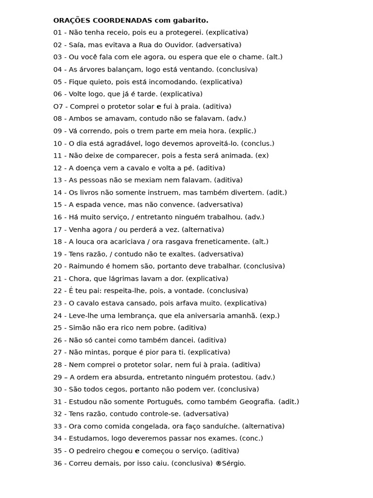 Exercícios de Orações Coordenadas com Gabarito | PDF