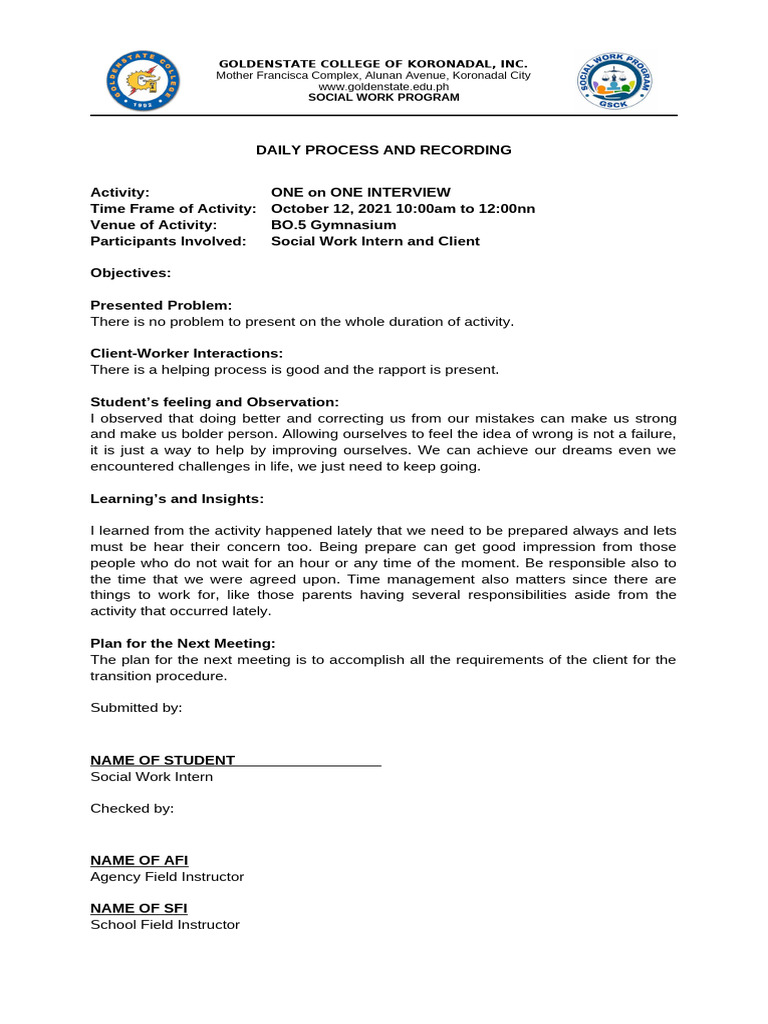 Social Work Program Daily Records | PDF | Psychology | Cognition
