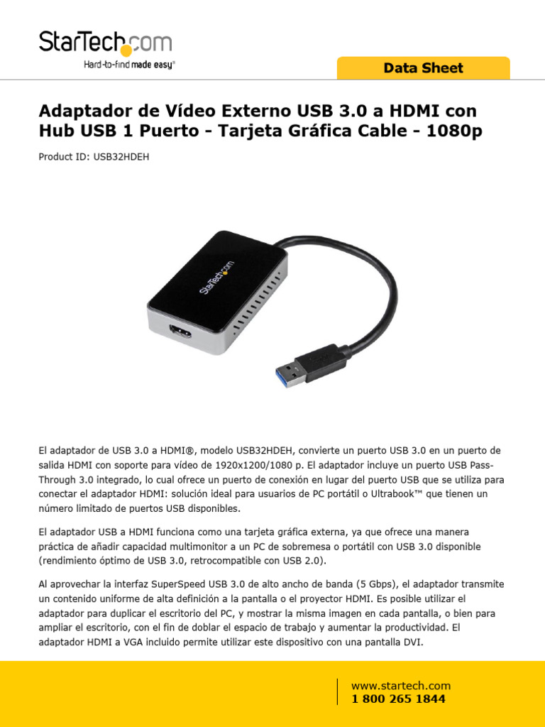 Adaptador de Vídeo Externo USB 3.0 A HDMI Con Hub USB 1 Puerto ...
