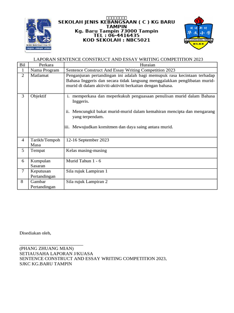Laporan Sentence Construct and Essay Writing Competition 2023 | PDF