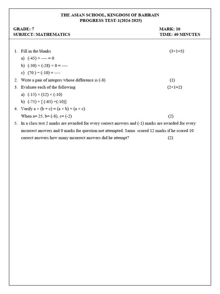 Grade 7 Math Progress Test 2024-2025 | PDF | Teaching Methods & Materials