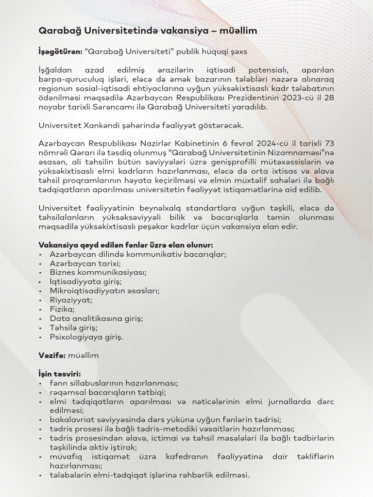 Qarabağ Universitetində Vakansiya. Müəllim - 3 | PDF