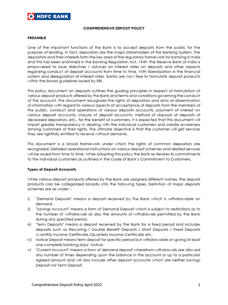 HDFC Comprehensive Deposit Policy Overview | PDF | Banks | Deposit Account