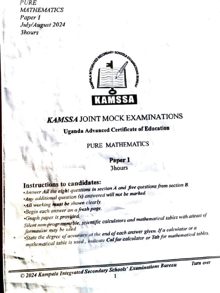 KAMSSA 2024 Pure Mathematics Exam Paper | PDF | Equations | Ellipse