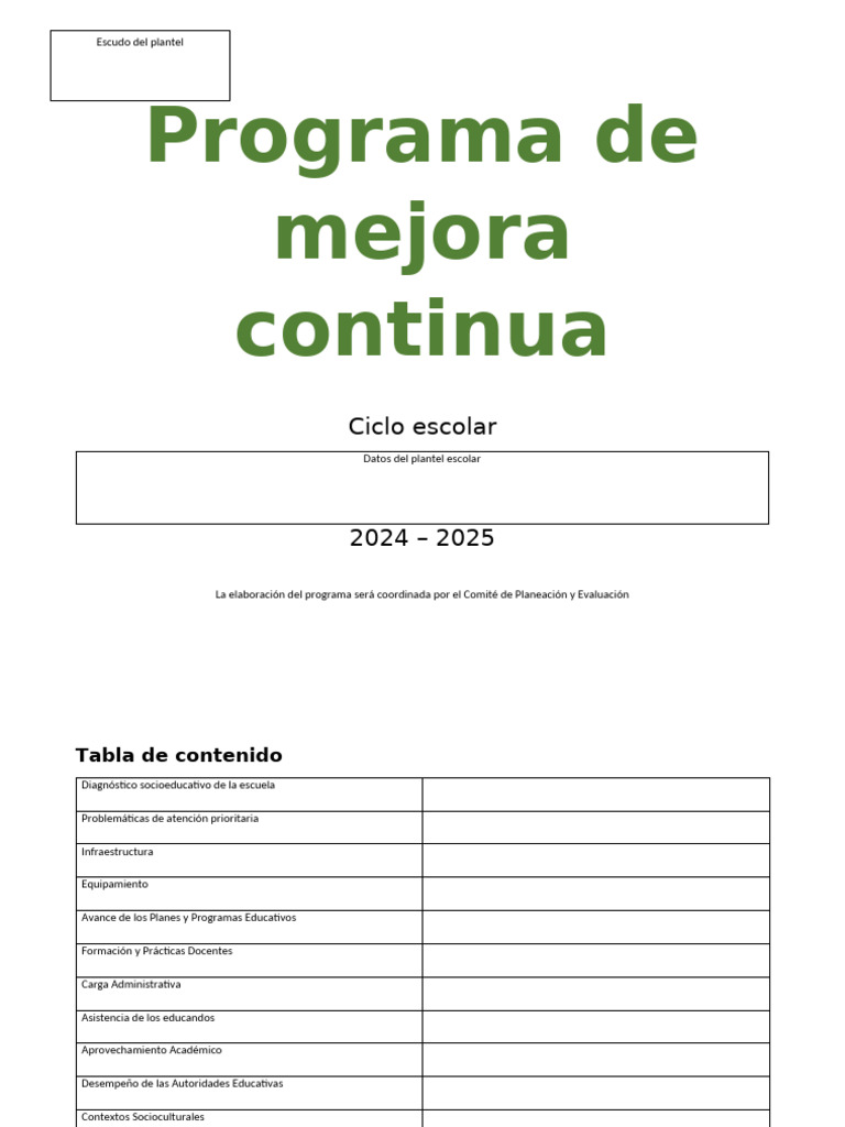 Programa de Mejora Continua Escolar 2024-2025 | PDF | Evaluación ...