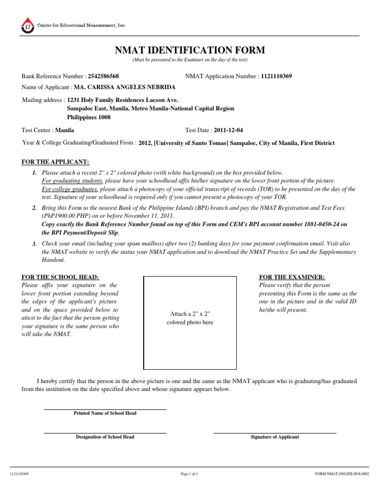 Nmat Identification Form: Sampaloc East, Manila, Metro Manila-National ...
