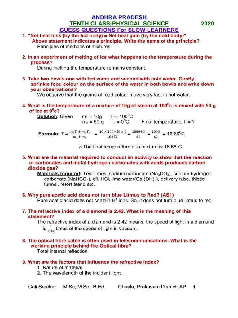 Physical Science Class 10th SSC Ts Important Question | PDF