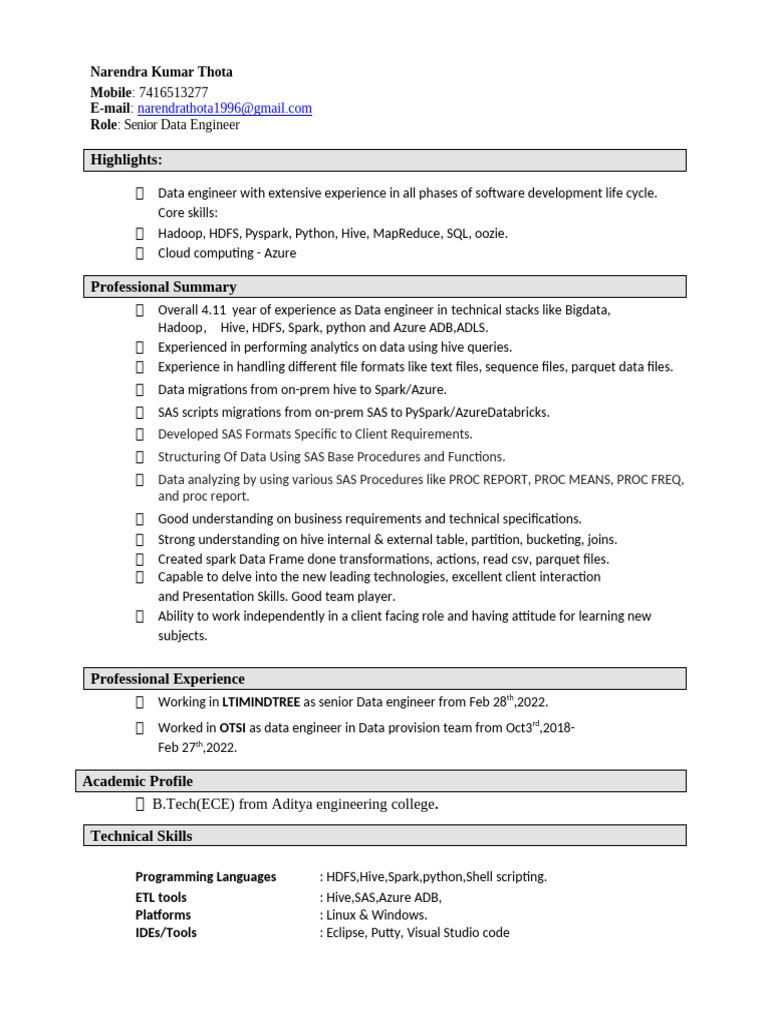 Senior Data Engineer Resume | PDF | Apache Spark | Sas (Software)