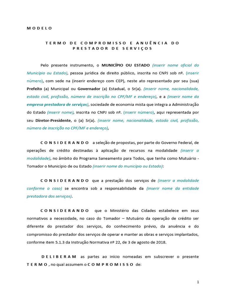 Termo de Compromisso de Prestação de Serviços | PDF | Crédito ...