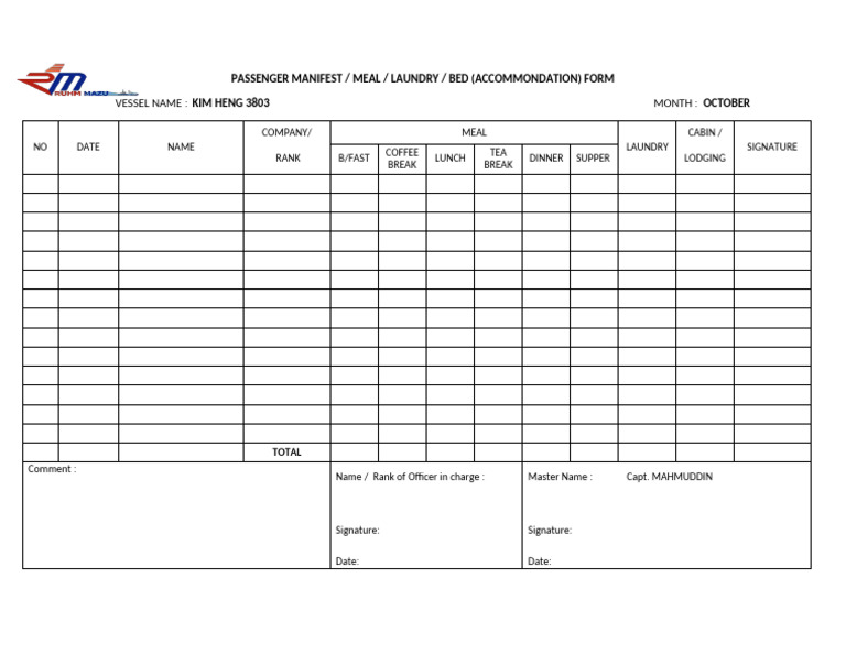 October Passenger Manifest Form | PDF