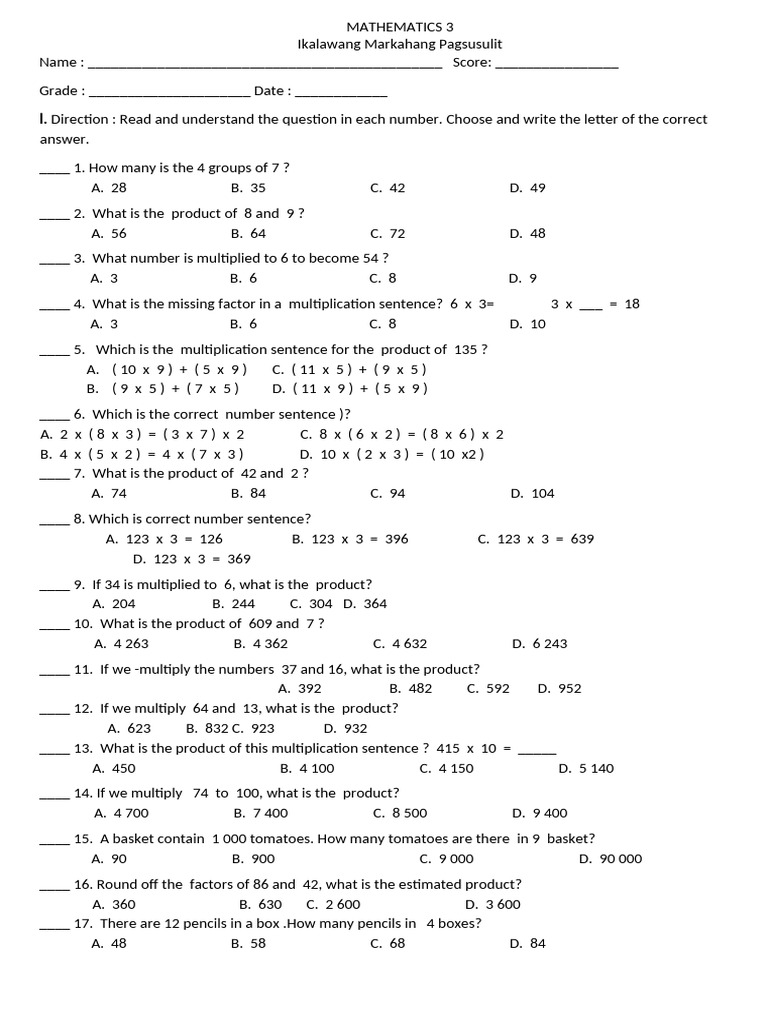 Multiplication and Division Test | PDF | Multiplication | Elementary ...