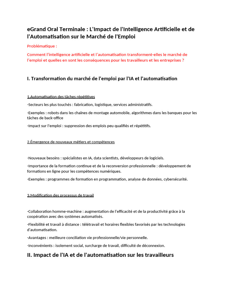 Impact de l'IA sur l'Emploi et l'Avenir | PDF | Intelligence ...