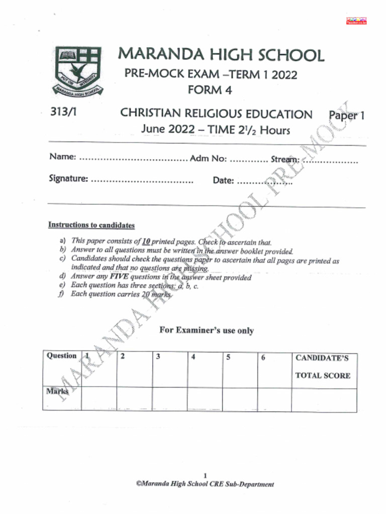 Maranda CRE Paper 1 Maranda Form 4 End Term 1 Teacher - Co - Ke | PDF