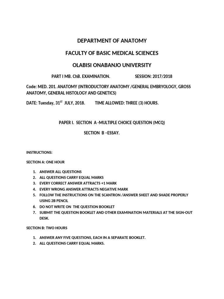 Anatomy Exam Paper: MB ChB 2017/2018 | PDF | Epithelium | Dna