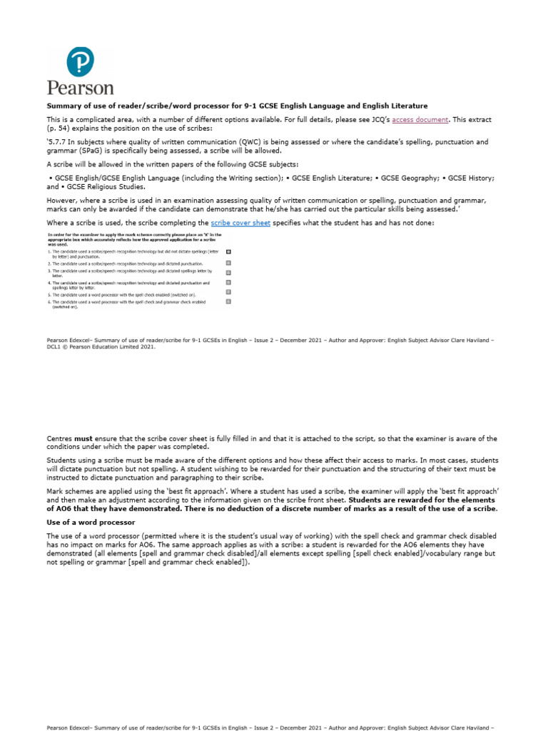Reader/Scribe Guidelines for GCSE English | PDF | English Language ...