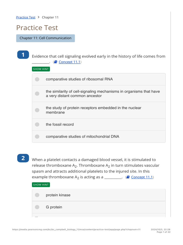 Cell Communication Practice Test | PDF | Cell Signaling | Signal ...