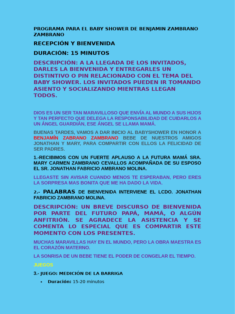 Programa del Baby Shower de Benjamín | PDF | Cocina, comidas y vino ...