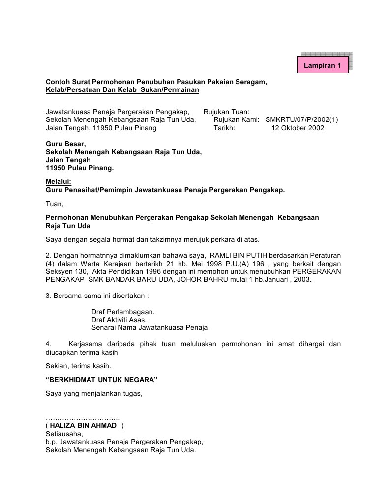 Contoh Surat Bendahari Persatuan Penjaja