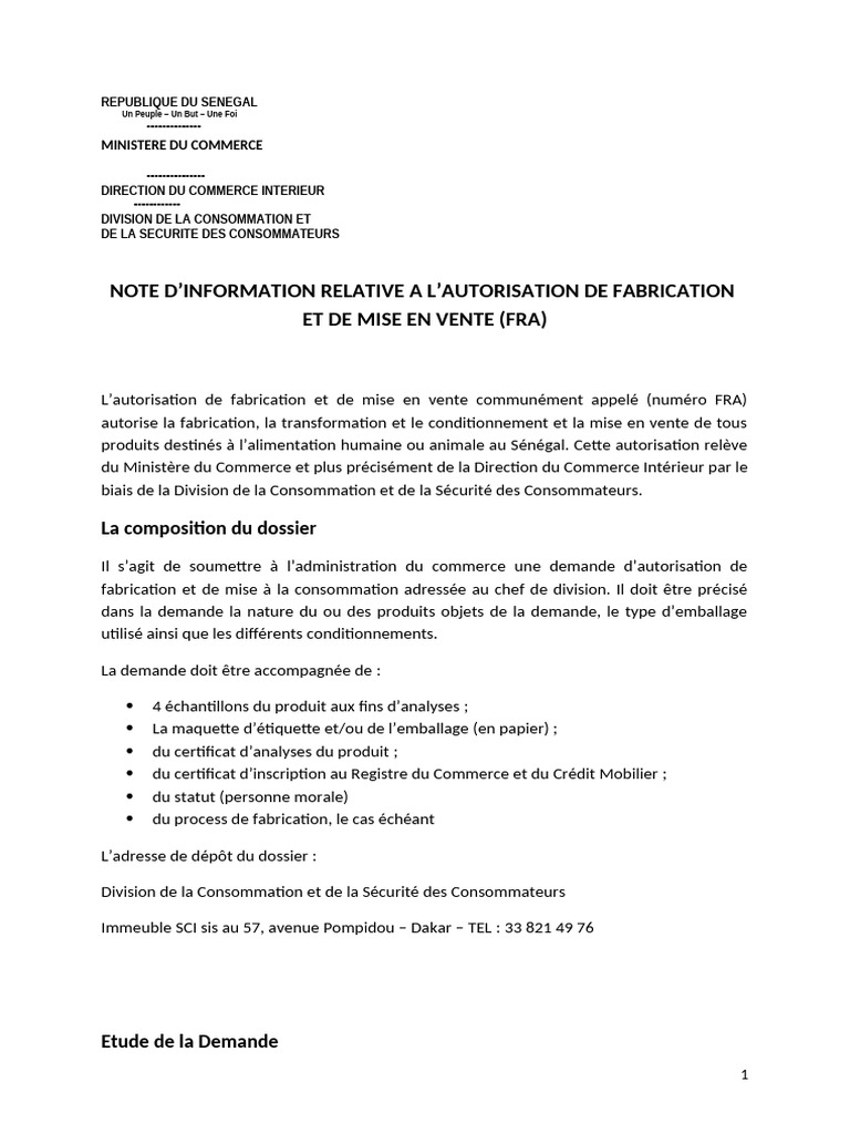 Obtention de l'Autorisation FRA au Sénégal | PDF | Information ...