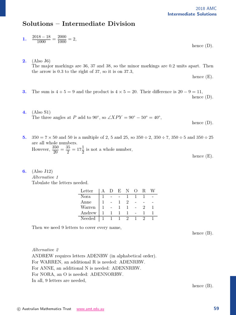 2018 AMC Intermediate Solutions Guide | PDF | Length | Mathematics