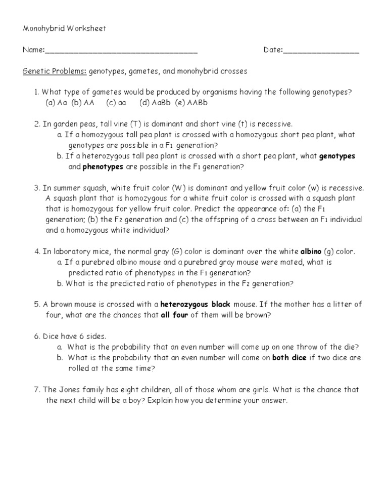 Monohybrid Genetics Worksheet | PDF | Language Arts & Discipline ...