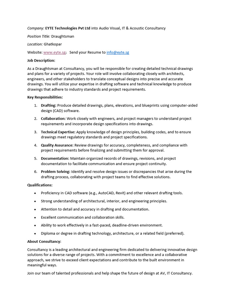 Draughtsman Position at EYTE Technologies | PDF | Technical Drawing ...