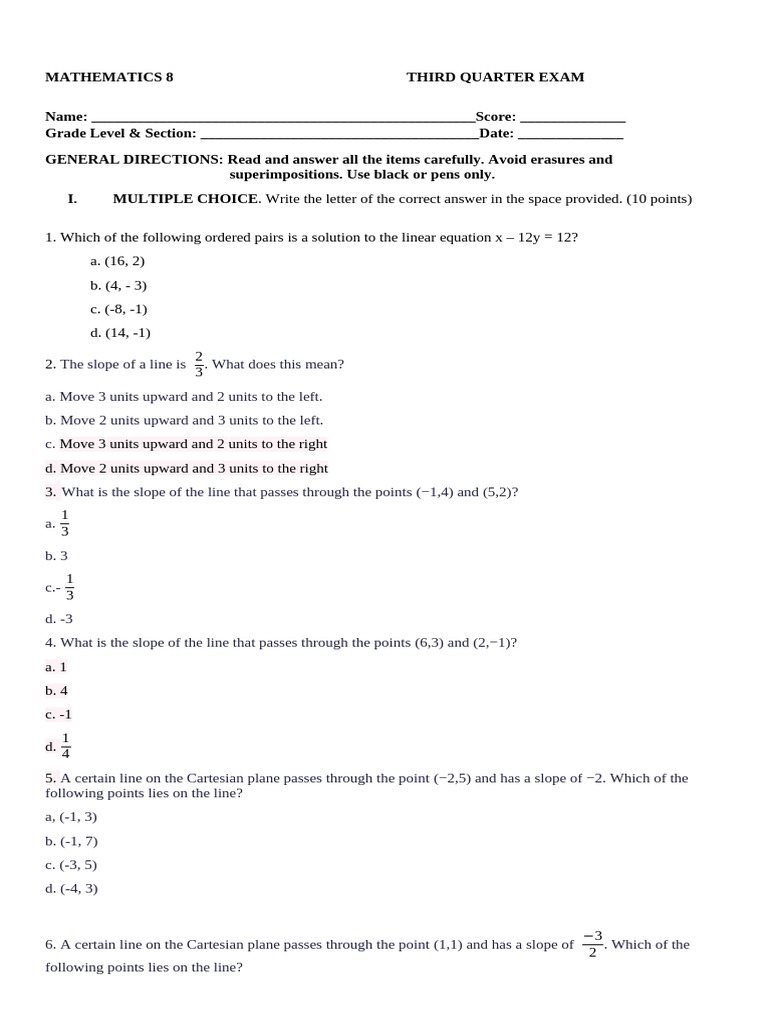 Math 8 - 3rd Quarter Examination | PDF | Elementary Mathematics ...