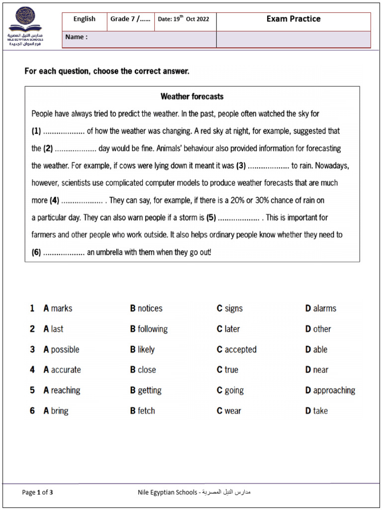 Grade 7 English Exam Practice Guide | PDF