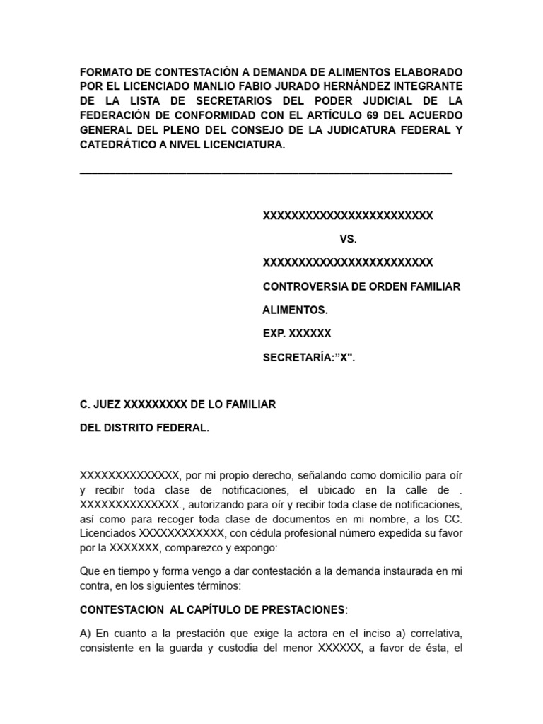 Contestación a Demanda de Alimentos | PDF | Pensión alimenticia | Pensión