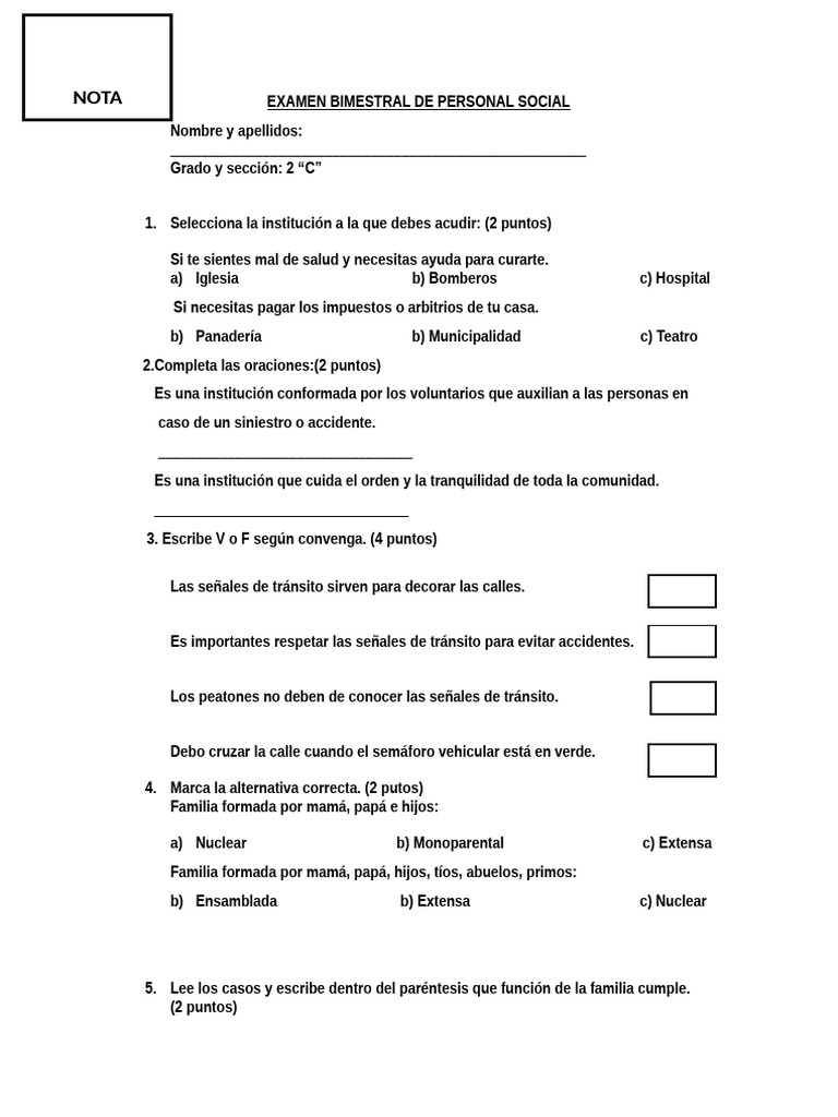 Examen Bimestral de Personal Social | PDF | Ciencias sociales
