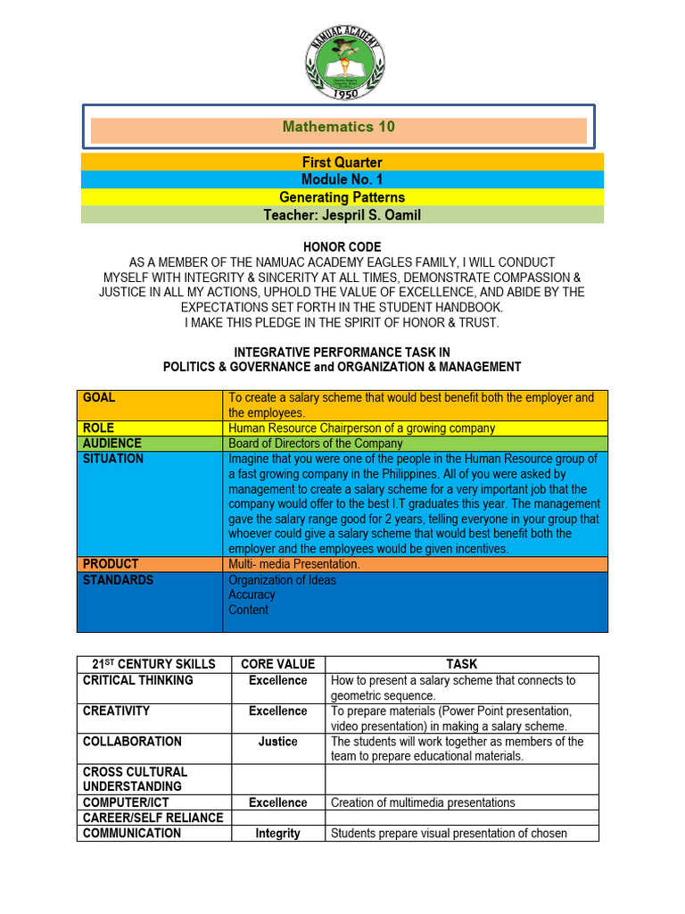 Mathematics 10: Generating Patterns Module | PDF | Sequence | Function ...