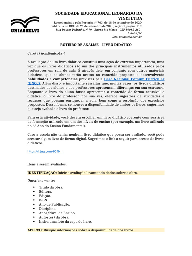 Avaliação de Livro Didático NEAD/Uniasselvi | PDF | Livro didático | Livros