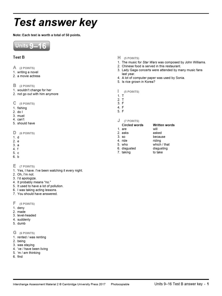Units 9–16 Test B Answer Key | PDF