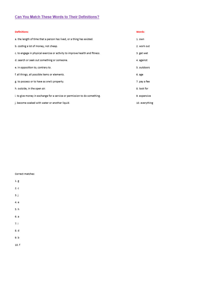 Can You Match These Words To Their Definitions | PDF