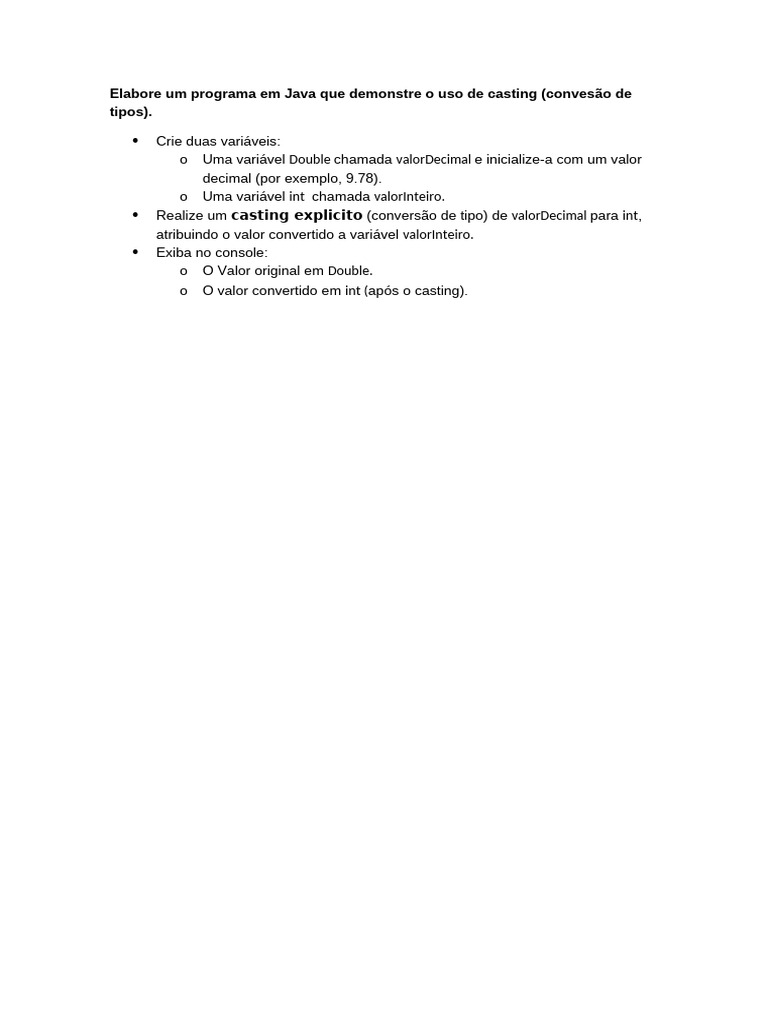 Elabore um programa em java que demonstre o uso de casting pdf