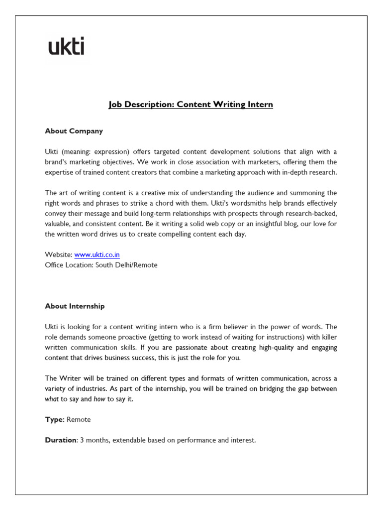 Content Writing InternshipUkti - JD | PDF | Communication | Internship