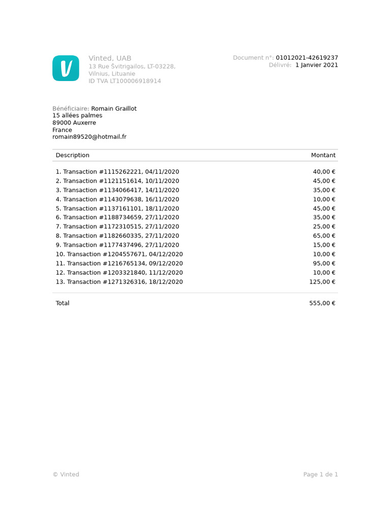 Vinted Transactions Summary 2020 | PDF